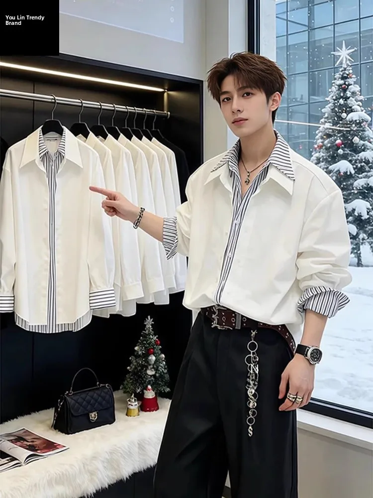 

Slim Fit Long Sleeve Striped Shirt Men's Style Patchwork Design British Style Fashionable Hairdresser Endorsed Outerwear
