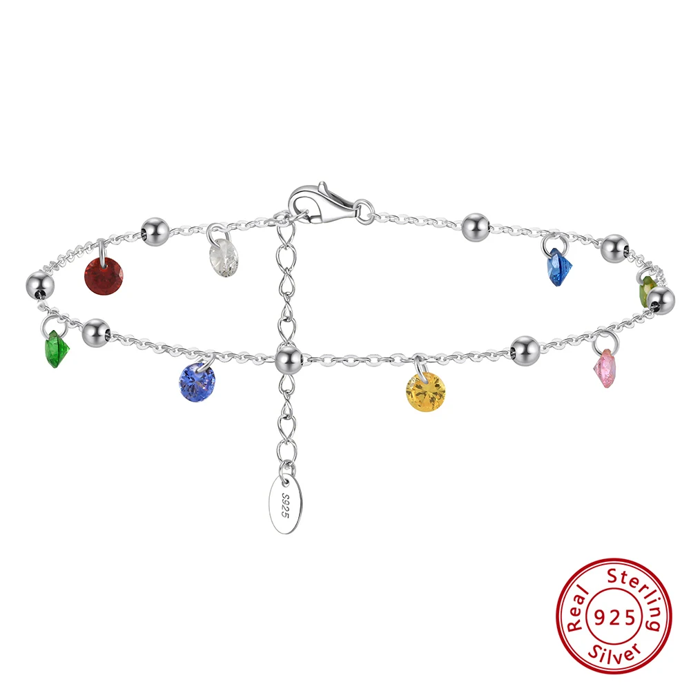 

KISS MANDY 925 Sterling Silver 5A Multi-Colors CZ Foot Bracelet for Women Party Fashion Colorful Anklet Rhodium Jewelry SA93