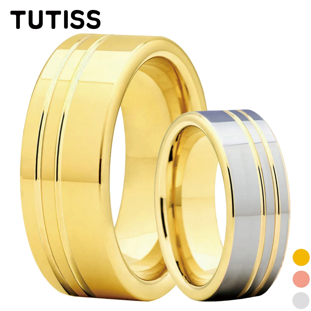 

TUTISS 8mm Original Color Tungsten Men Women Wedding Band Forever Ring 2 Offset Lines Polished Comfort Fit