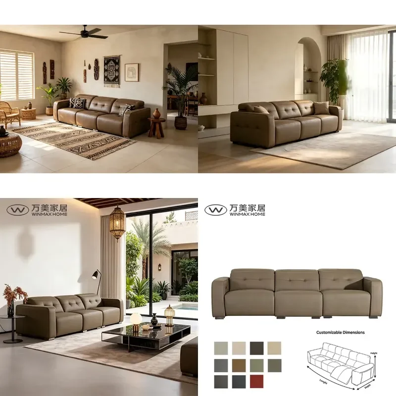 Modern 3 Seats Adjustable Ergonomic Reclining Square Sofa Bed Sponge-Filled Genuine Leather Upholstery Living Room Hotel