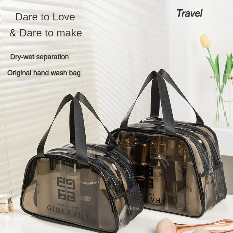 

PVC Dry Wet Separation Transparent Makeup Bag 2024 New Trapezoidal Portable Travel Storage Bags Portable Toiletries Bag Hot Sale