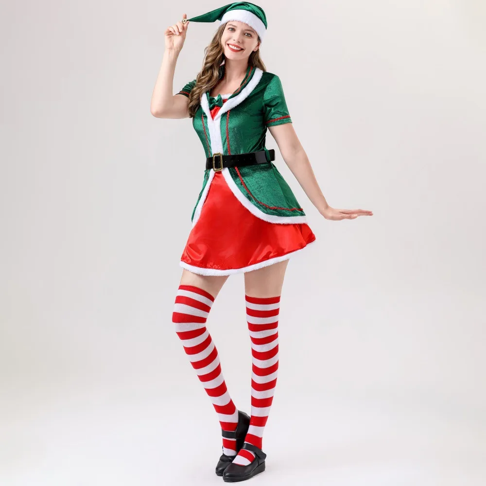 

Christmas Costumes Women Santa Claus Costume Cute Green Christmas Dess with Hat Belt Red and White Striped Socks Elf Sets