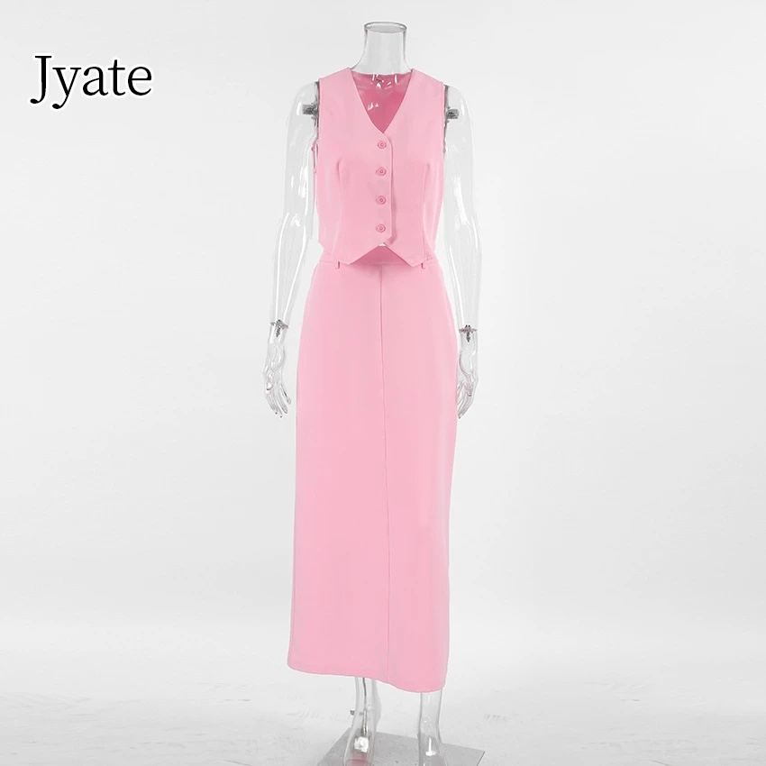 Jyate 2024 Fashion Sleeveless Crop Top + High Waist Long Skirts 2 Pieces Sets Summer Slim Pink Skirt Sets Women Office Outfit