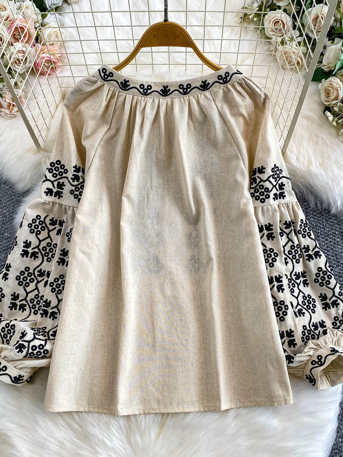 레트로 아티스틱 슬레 자수 벨티드 라운드 네 랜턴 스웨트셔츠 여성용 루즈핏 살보정 슬리밍 탑