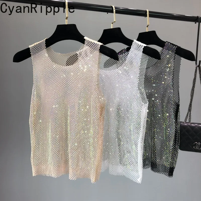 Blingbling Rhinestone Hollow Out Mesh Tanks Top New Spring Summer Round Neck Pullover Casual Top Hot Diamonds Sleeveless T-shirt