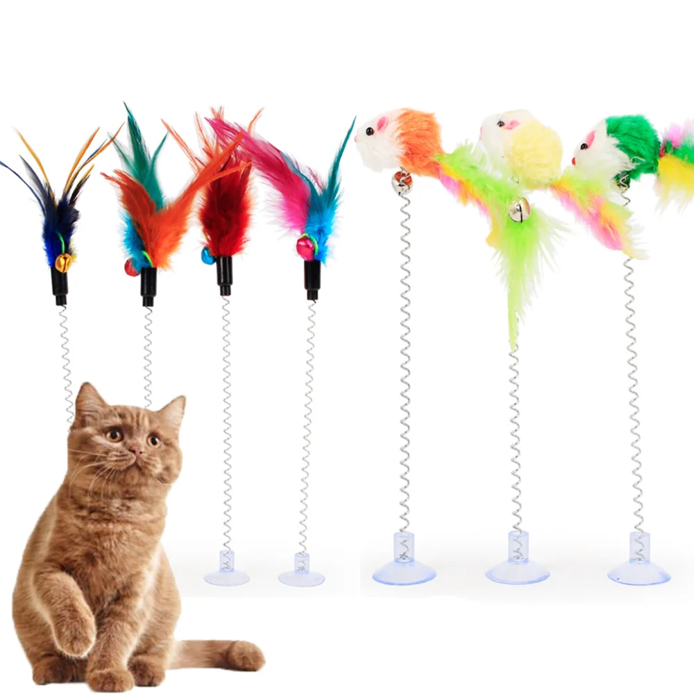 Juguete elástico de primavera para mascotas con campana, ratón de Color aleatorio con ventosa inferior de plumas, producto para mascotas, accesorios para gatos