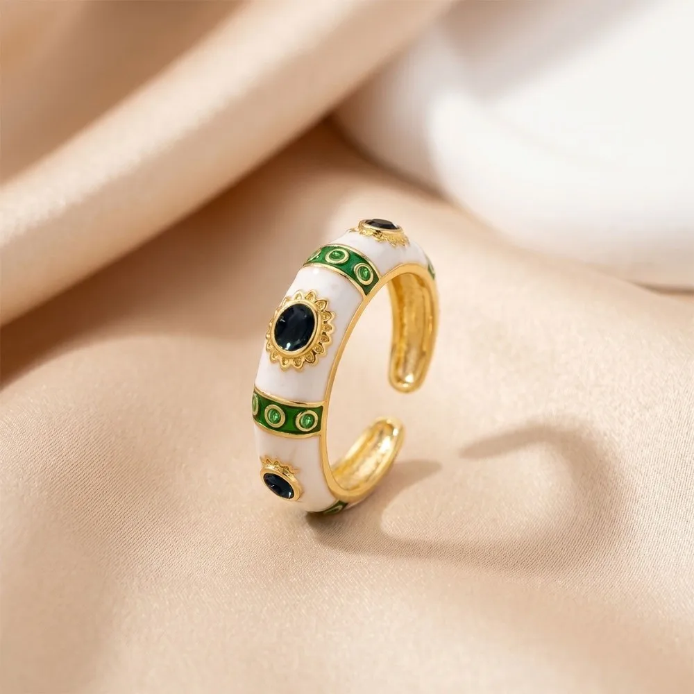 Trendy Thin Enamel Open Ring Colorful Engraved Flower Finger Ring Vintage Dot Patterned Adjustable Opening Rings Gift