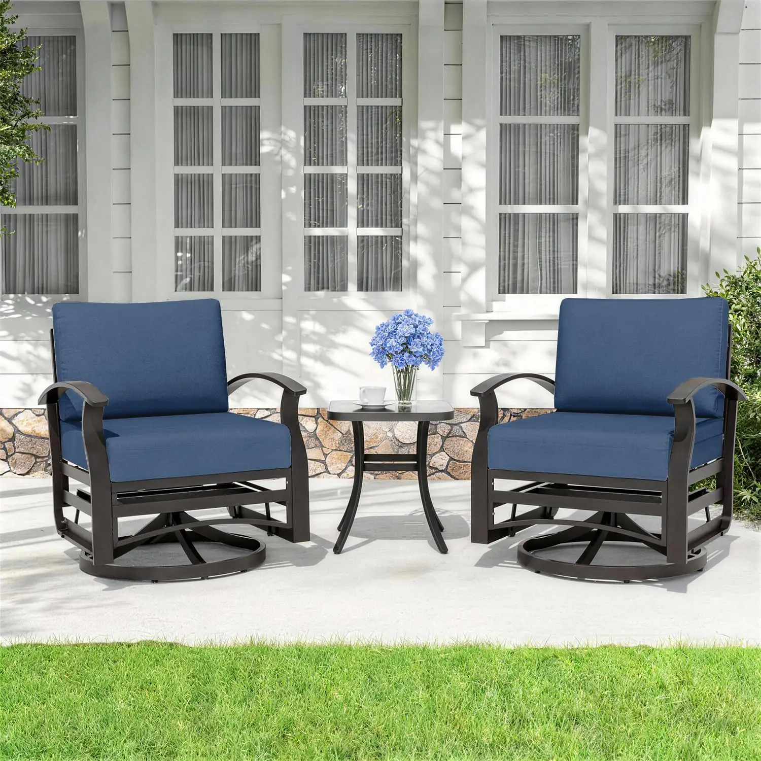 3-Piece Outdoor Patio Swivel Rocker Bistro Set with Thickened Cushions & Side Table for Porch Garden, Customized