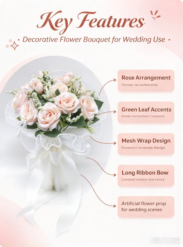 Artificial Rose Bridal Bouquet, Light Pink Fake Flower Bouquet with Mesh Wrap and Long Ribbon Bow for Wedding Ceremony and Brida