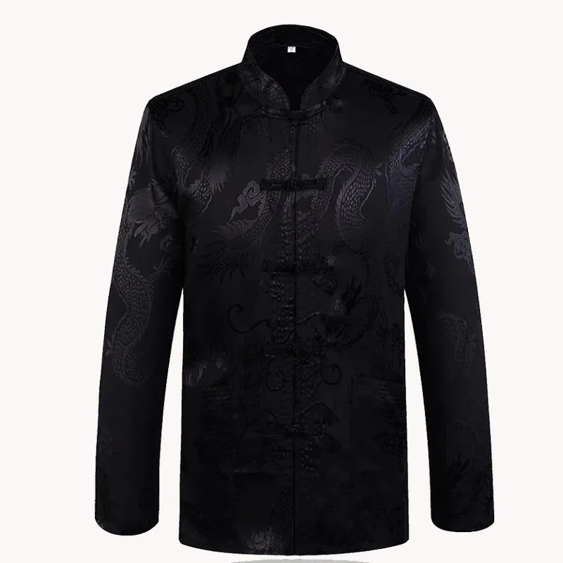 

Brand New Arrival Black Chinese Traditional Men's Satin Mandarin Collar Dragon Silk Tang Suit Clothing Kung Fu Jacket Coat