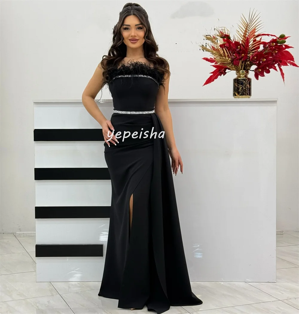 Customized Intricate Fashion Jersey Beading Sequined Feather Draped Straight Strapless Long Dresses Bespoke Occasion Dresses