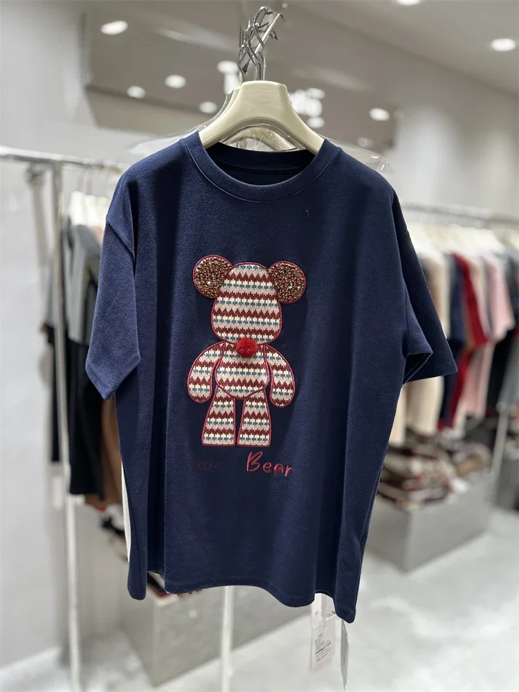 Heavy Industry Embroidered Bear Half-sleeved Top Autumn and Winter Thickened Cotton Loose Mid Length Short-sleeved T-shirt Women