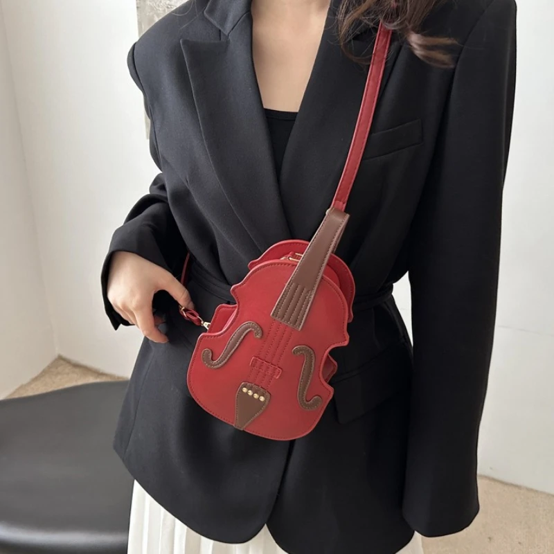 

Novelty Violin Shaped Crossbody Bag in Red Faux Leather with Unique Music Inspired Shoulder Purse for Fashion Versatile Backpack