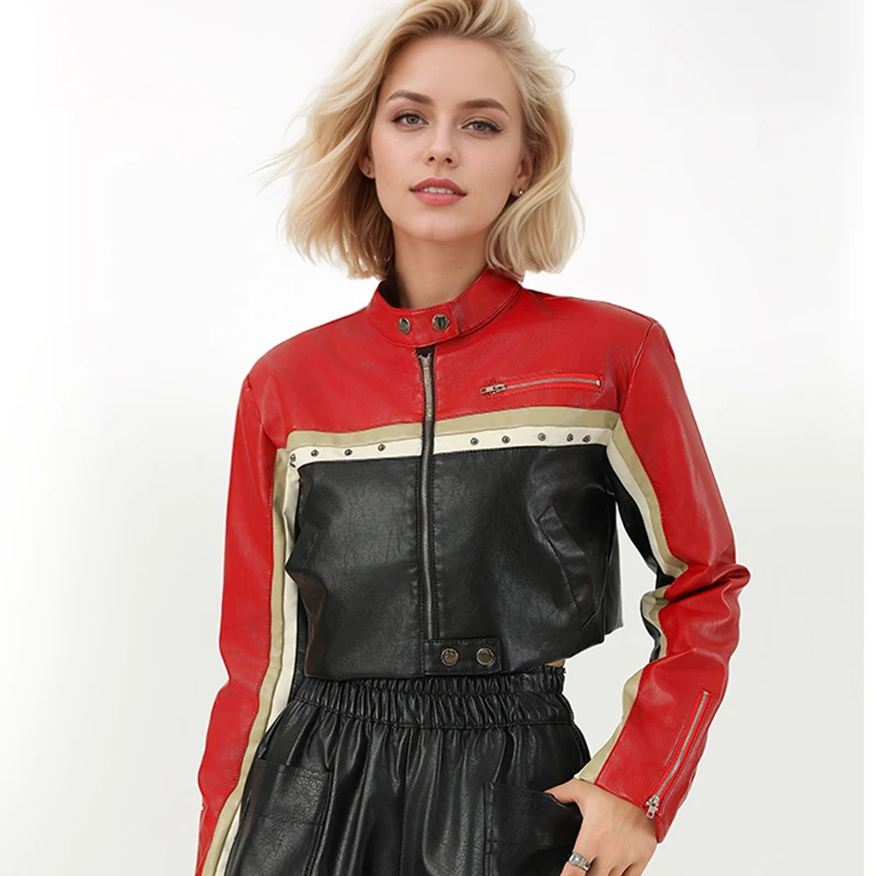2025 Streetwear Mix Color Motorcycle Jackets for Women Faux Pu Leather Jacket Woman Turn Down Collar Long Sleeve Coats Mujer