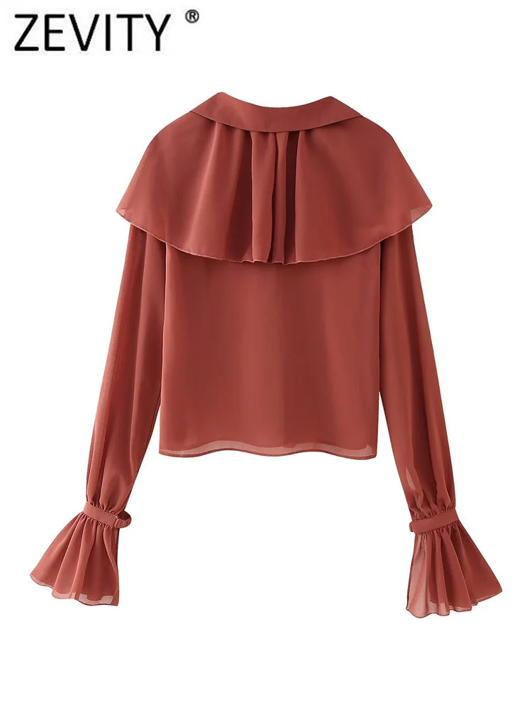 Zevity Women Fashion V Neck Pleat Ruffles Solid Color Chiffon Blouse Female Long Sleeve Business Shirts Blusas Chic Tops LS7201