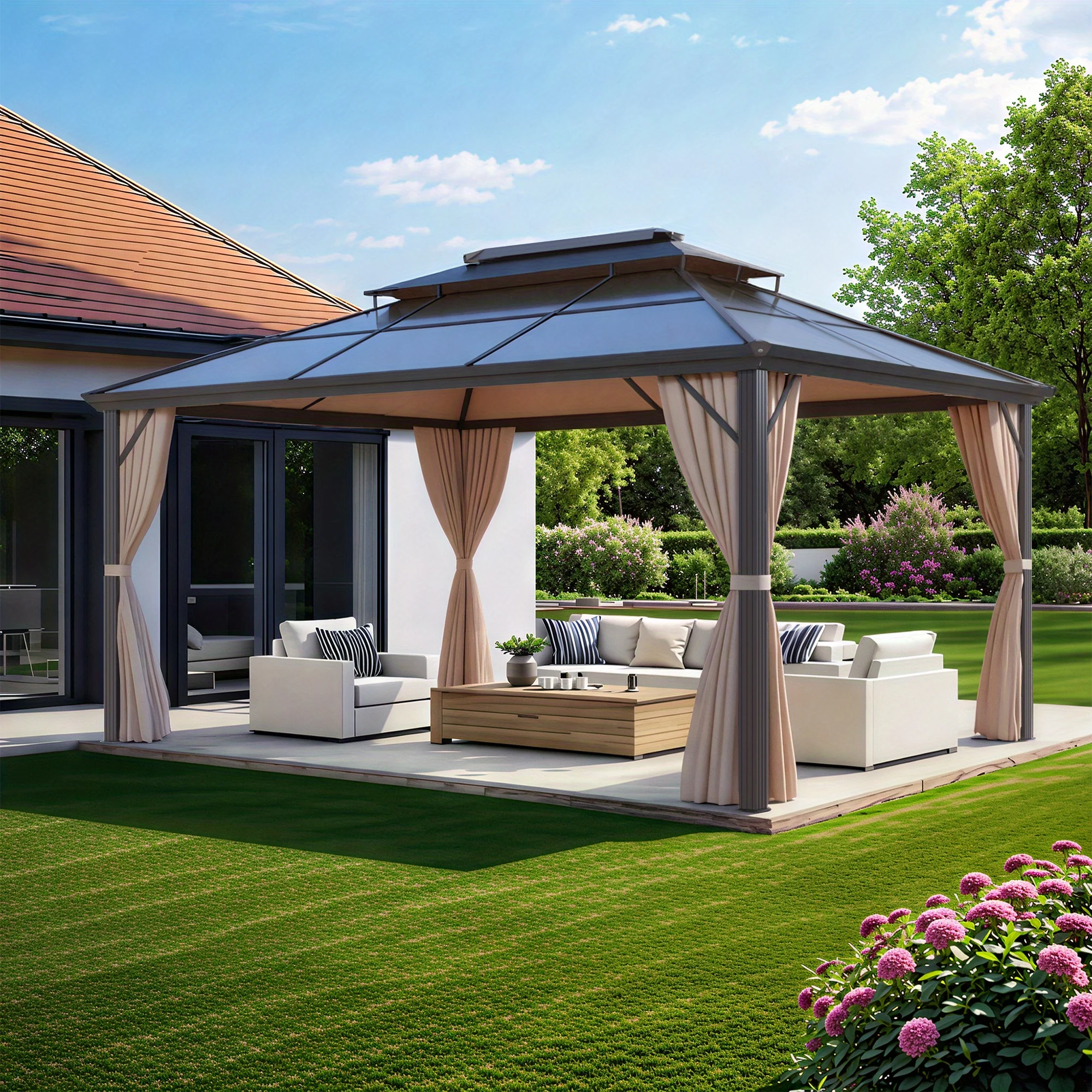 

EROMMY 10'x13'Hardtop Carport, уличная беседка на двойной крыше из поликарбоната с прочной алюминиевой рамой для заднего двора и патио