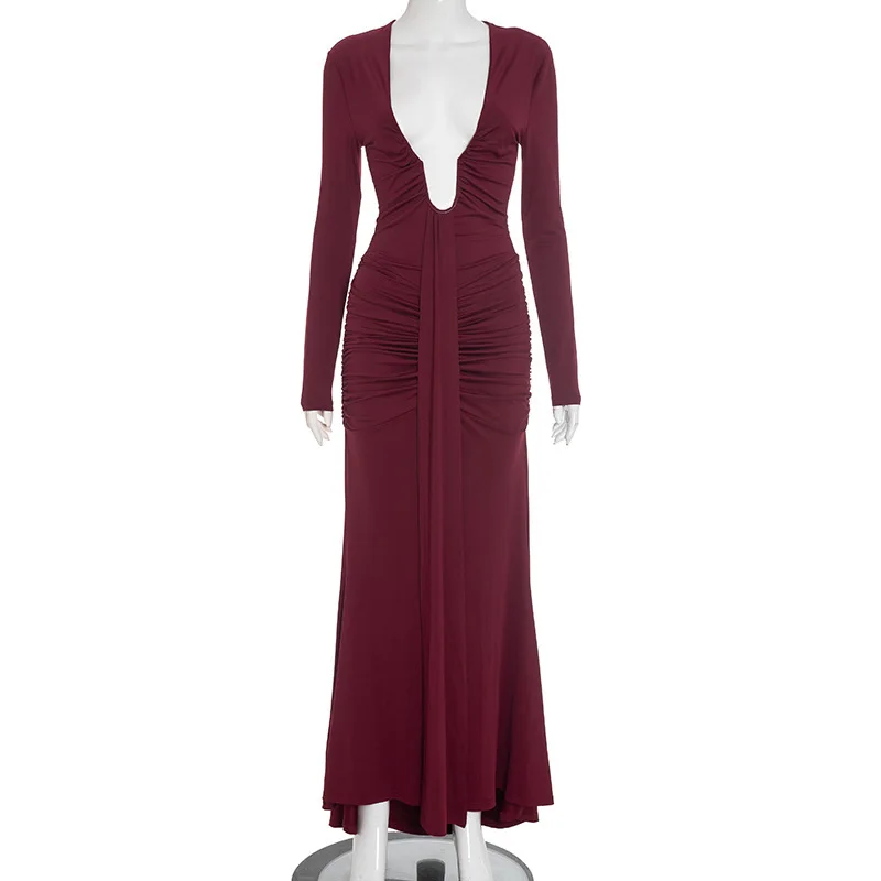 Blifanbo Abito lungo sexy con scollo a V a maniche lunghe Donna Nastro aderente Autunno Inverno Vita alta increspato Club Party Abito lungo elegante