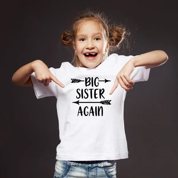 

Big Sister Again Little Girl Fashion Funny Print T-shirt Kids Summer O-Neck Tops Boys & Girls Tshirt Casual White Tops Tees