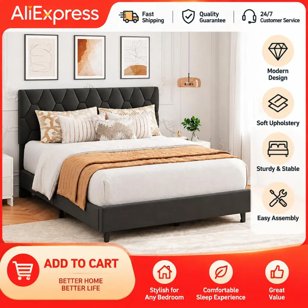 Adjustable Upholstered Headboard Twin/Full Platform Bed Frame – Heavy-Duty Wood Slats, No Box Spring Needed, Noise-Free & Easy Assembly