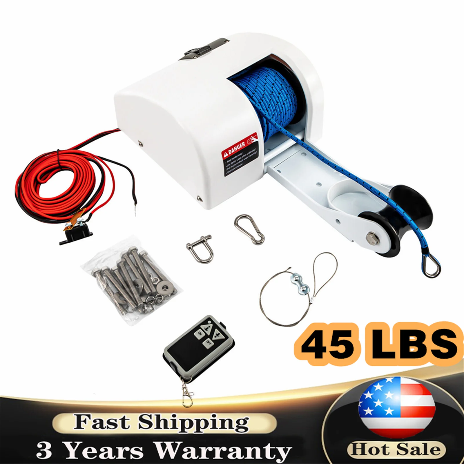 

45 LBS Saltwater Boat Electric Windlass Anchor Winch Marine with Wireless Remote Control