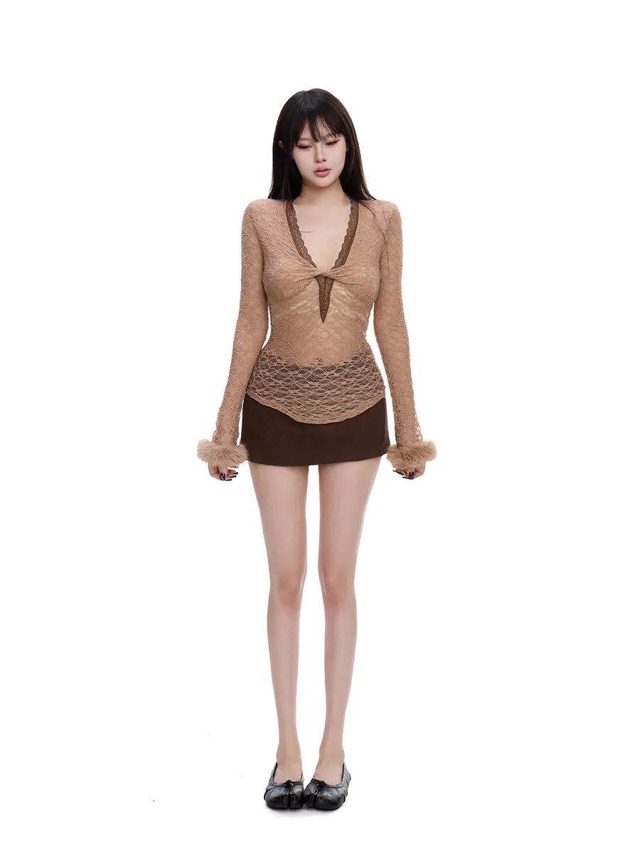Women's Brown Deep V Neck T-Shirt Slim Fit Lace T Shirt Fashion Vintage Aesthetic Long Sleeve Base Tops Casual Clothes Spring