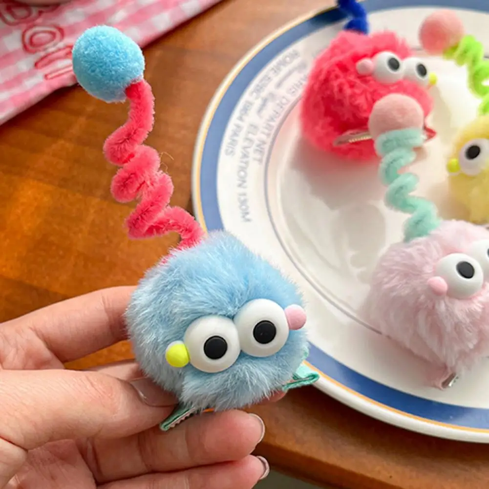 Fuzzy Plush Hair Clip Children Cartoon Plush Hairpin Set Fuzzy Soft Pom Pom Hair Clips Elastic Spring Anti-slip Baby Girls Hair