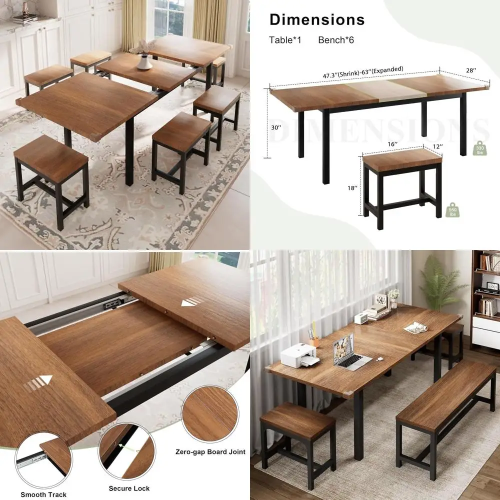63 Walnut Extendable Dining Table Set with 6 Stools, Ideal for Kitchens and Restaurants (7-Piece)