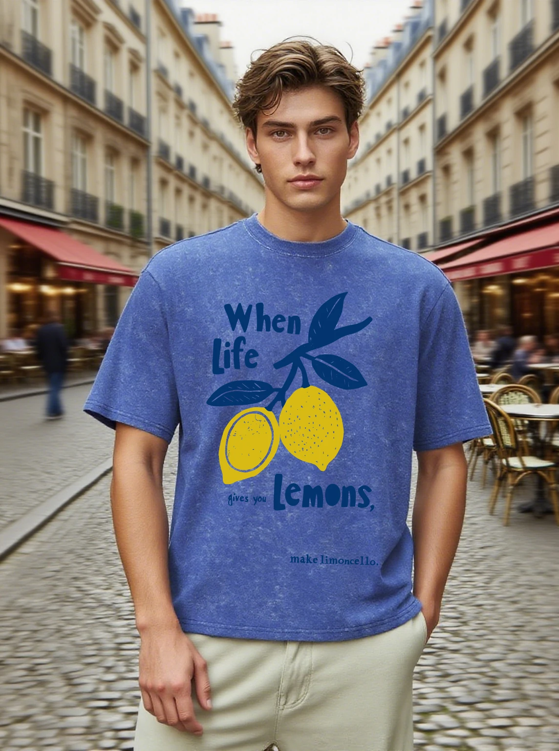 Wenn das Leben Sie Zitronen gibt, machen Limoncello. Retro-Männer-T-Shirts, Sommer, weiche, kurze Baumwolle, lockeres Schneewasch-Top, trendiges O-Ausschnitt-T-Shirt
