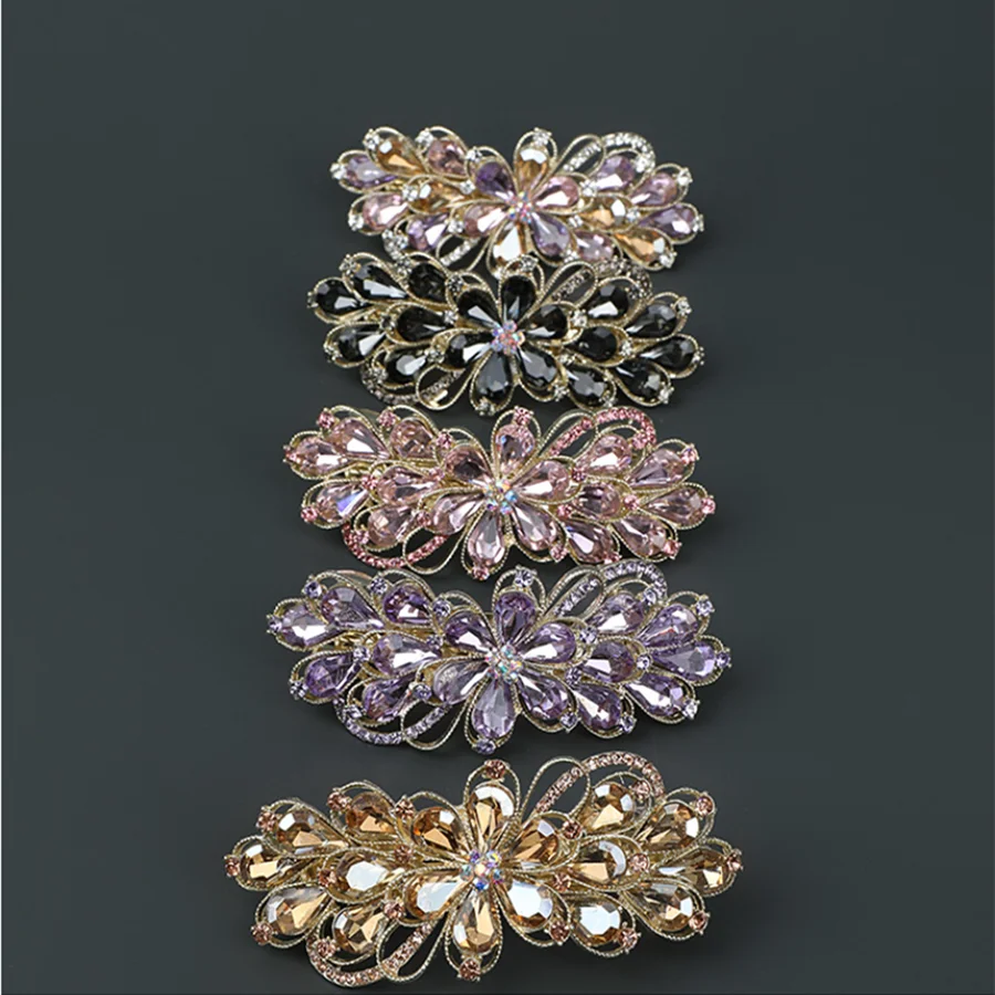 Korean Retro Crystal Flower Spring Hair Clip Vintage Rhinestone Horizontal Clip Top Clip Elegant Mom Fashion Hair Accessories
