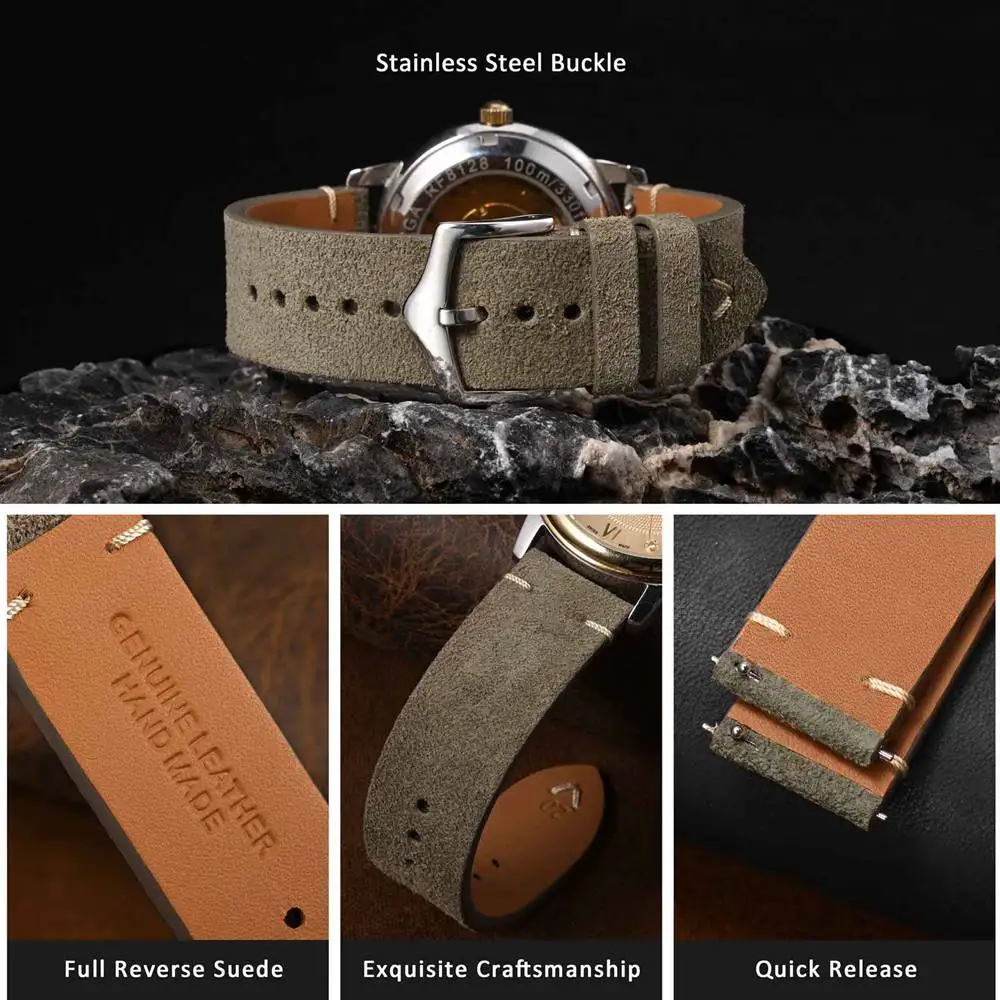 WOCCI Reverse Suede Leather Watch Band 18mm 20mm 22mm Quick Release Watch Strap For Men Luxurious Vintage Replacement Bracelet