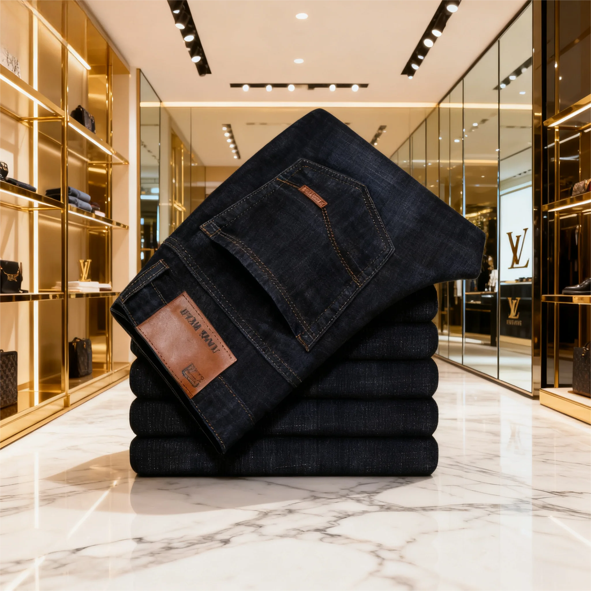 

2026 Новые мужские повседневные приталенные джинсы в деловом стиле; Модные модные эластичные прямые джинсовые брюки для похудения; Синий; Черный