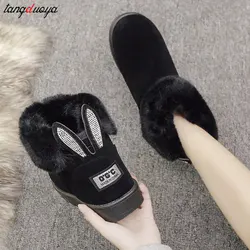 Rhinestone rabbit ear Ankle Boots for Women Women Boots Fur Brand Winter Shoes Warm Black Round Toe Casual Female Snow Boots 41