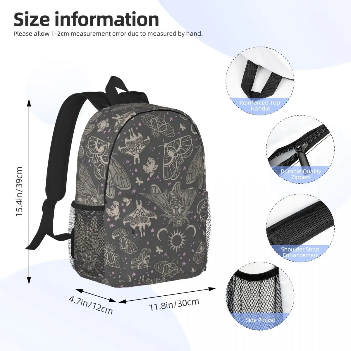 Esoteric Cicada And Moth Witchy Celestial Sun Moon Pattern Backpack Student Boys Girls BookBag School Bag Laptop Shoulder Bags