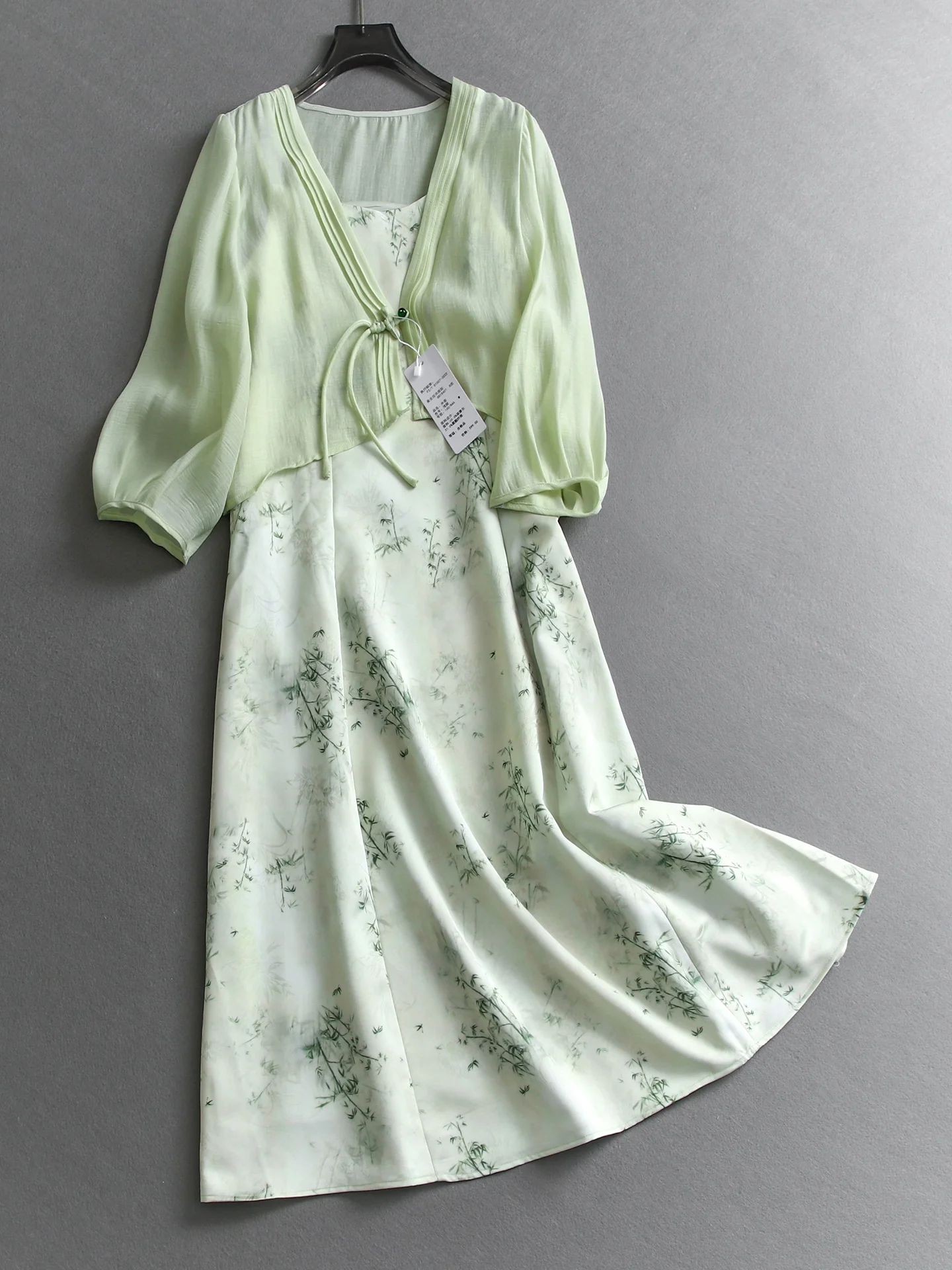 

New Chinese Style Zen Print Two-Piece Set Slimming Women's Dress Polyester Fabric V-Neck Side Zipper Urban Commute Dress