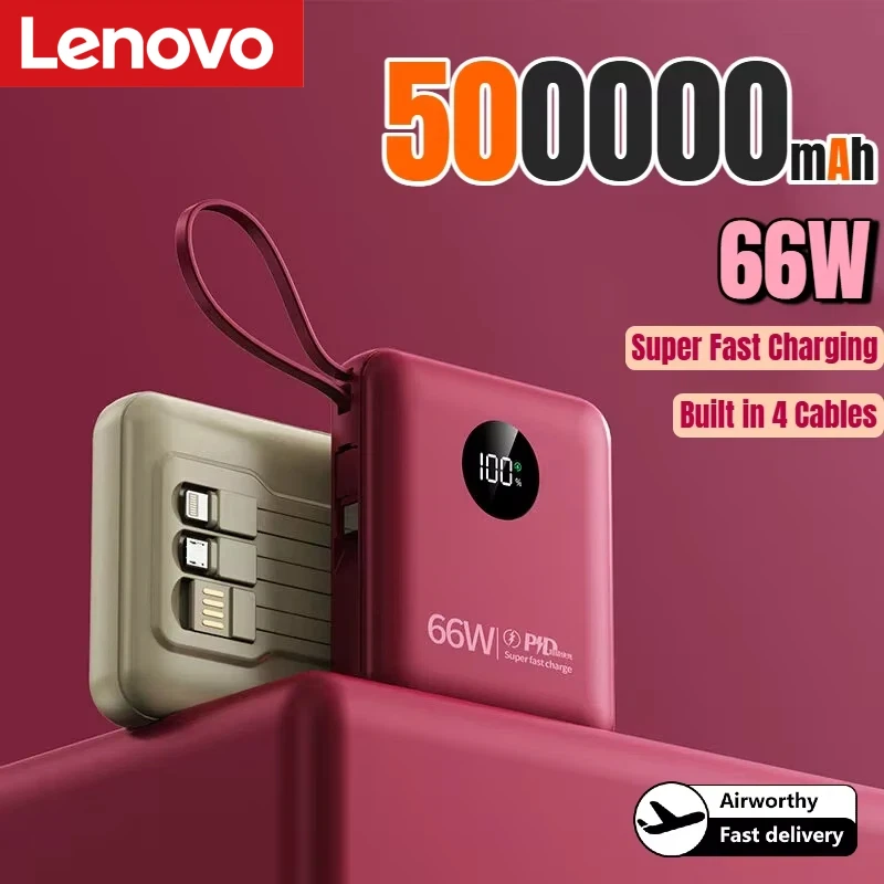 

Lenovo 500000mAh Mini Power Bank Built in 4 Cables Large Capacity Fast Charging Digital Display External Battery for All Phones
