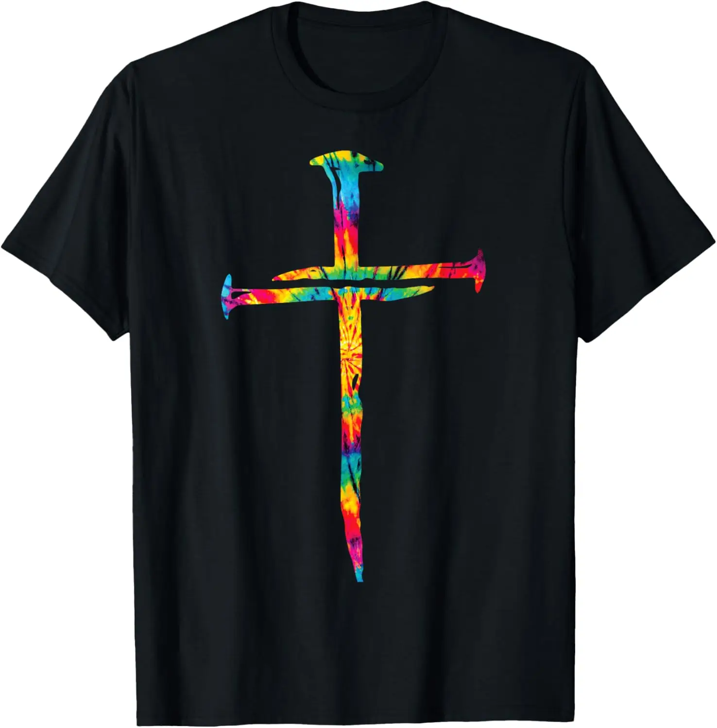 

Nail Cross Tie Dye Rainbow Christian Religious Graphic Tee Shirt Daily Wear