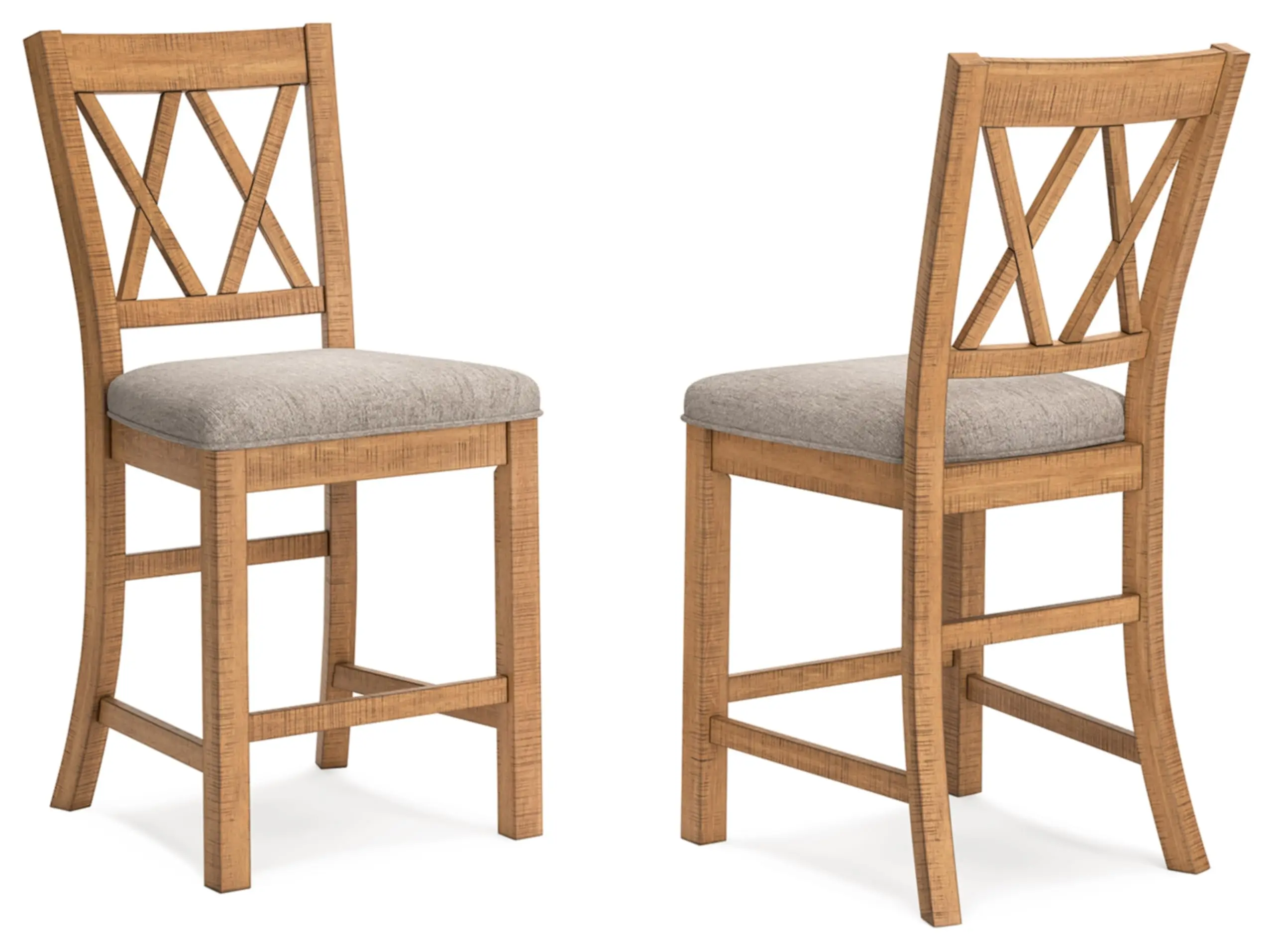

Light Brown Wooden Counter Stools With Gray Upholstered Seat And X-Back Design, Set Of Two