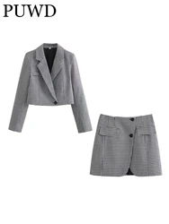 ZACK RAIN Women Check Print Suit Jacket Top Mini Skirt Set 2023 Fall Ladies Fashion Renovate Skirt Set Retro Slim Female Suit