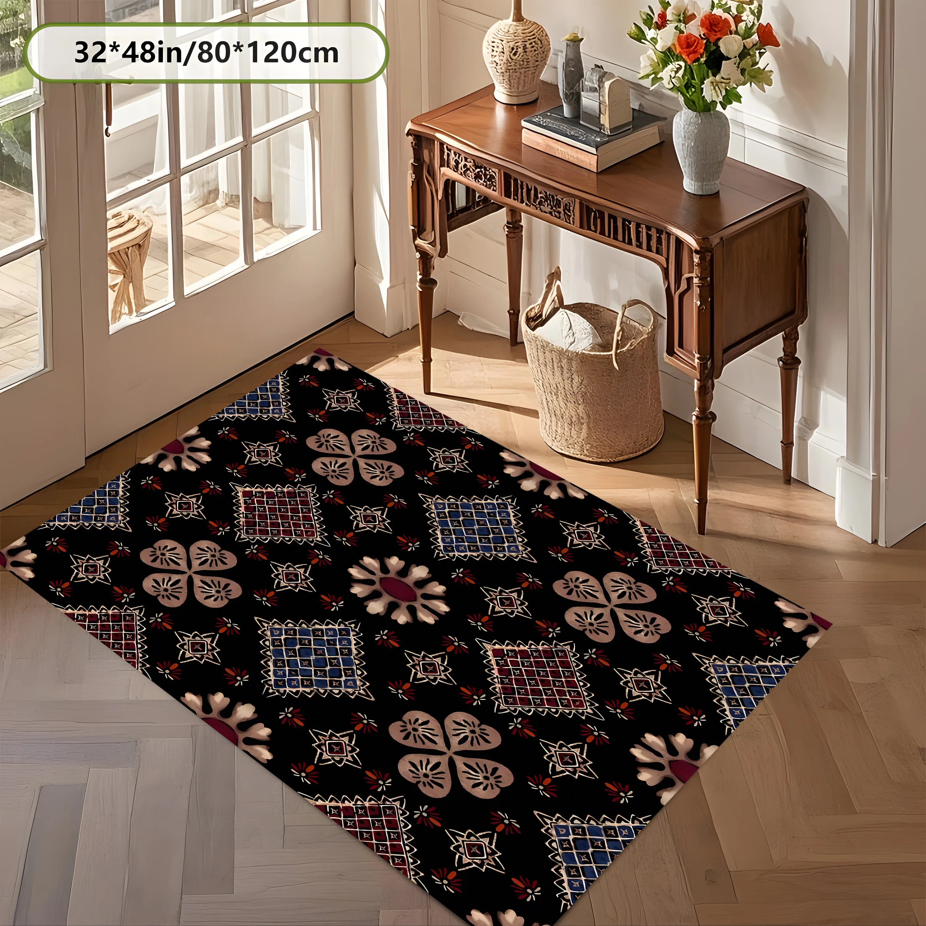 2D Carpet with Retro Four-Petal Diamond Pattern in Exotic Retro Style for Living Room, Bedroom, and Coffee Table Area
