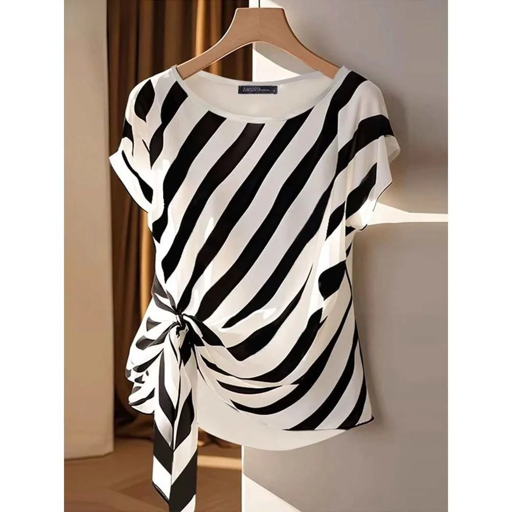 

ZANZEA 2025 Striped Printed Silk Top Faion ort Sve Women's Straight Cut Knot Cotton Blend Zipper Closure