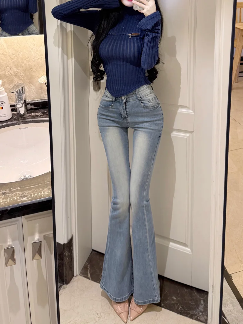 

Джинсы-клеш с высокой талией, двойной застежкой и эффектом подтяжки ягодиц, светло-голубые, в ретро-стиле, женские повседневные брюки из эластичного хлопкового денима