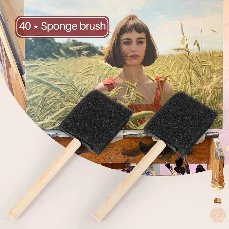 6Pcs 2 Inch Foam Sponge Wood Handle Paint Brush Set (Value Pack Of 40) - Lightweight, Durable And Great