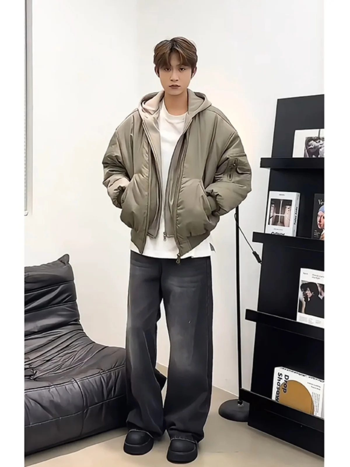 

Khaki Flight Jacket Cotton Coat Men's Winter Fake Two-Piece Hat Baseball Style American Retro Cotton Outerwear