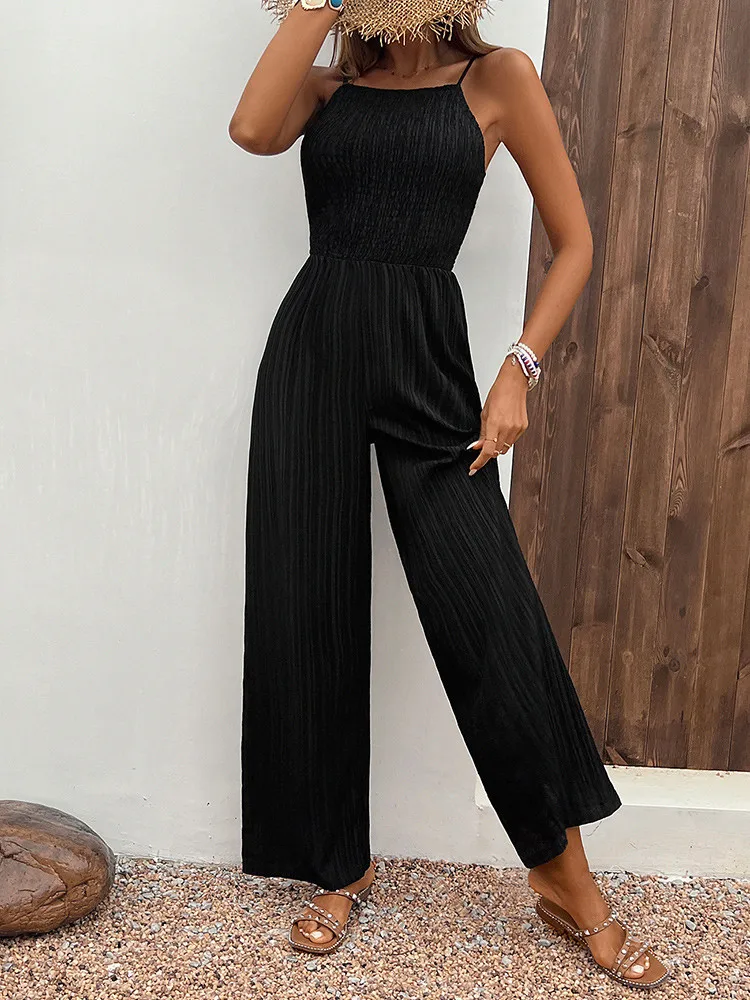 Fashion Casual Women\'s Pants Black Color Pocket Double Shoulder Thin Shoulder Straight Overalls Wide-Leg Pants On Sale