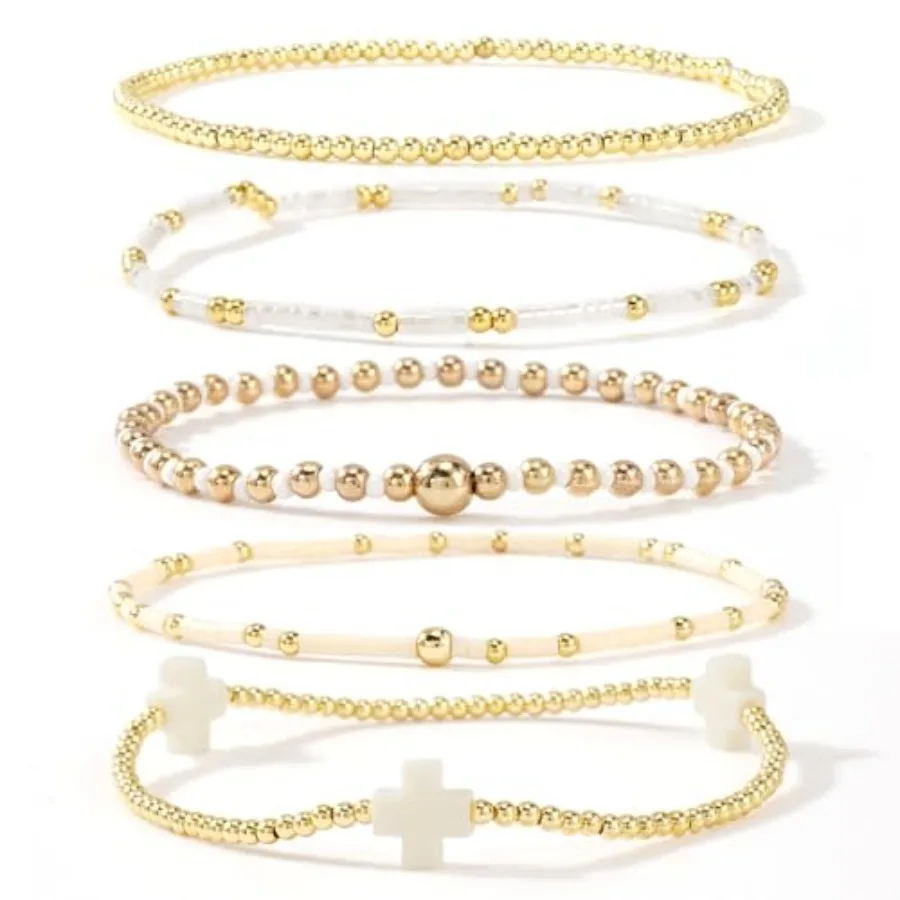 

Gold Beaded Bracelets Stack for Women Stackable 14K Gold Plated Beads Ball Cross Bracelet Boho Christian Jewelry Faith Friendsh