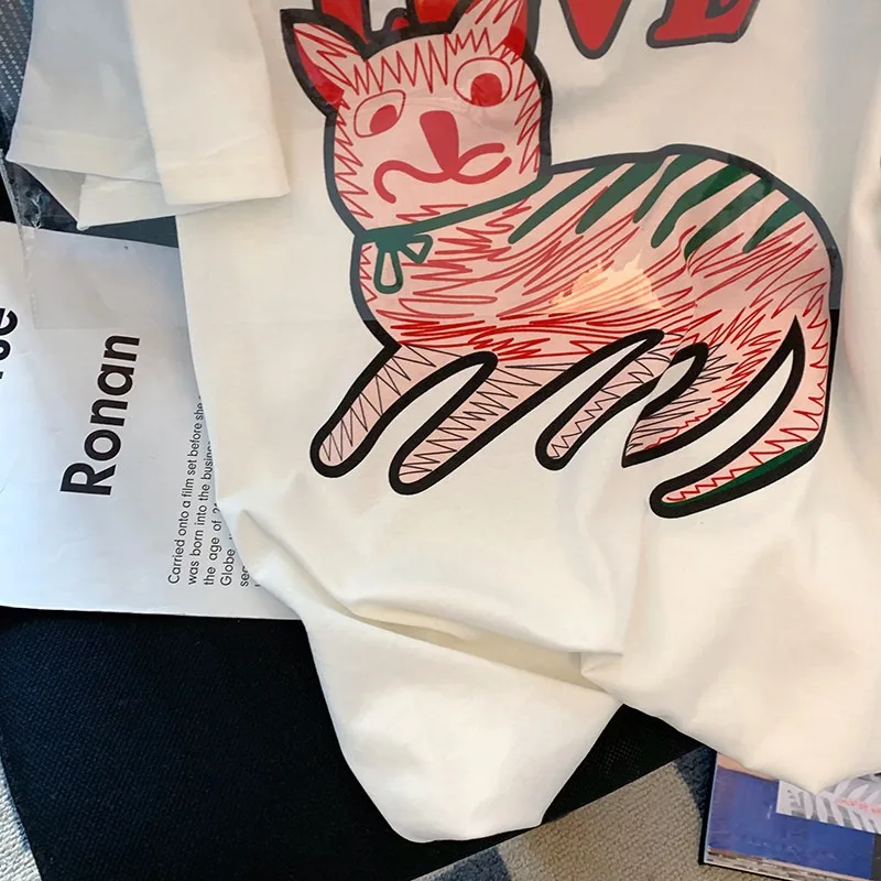 Estate 2023 nuova t-shirt femminile cartone animato gatto lettera stampa a maniche corte femminile sciolto bianco Casual t-shirt Harajuku carino Top