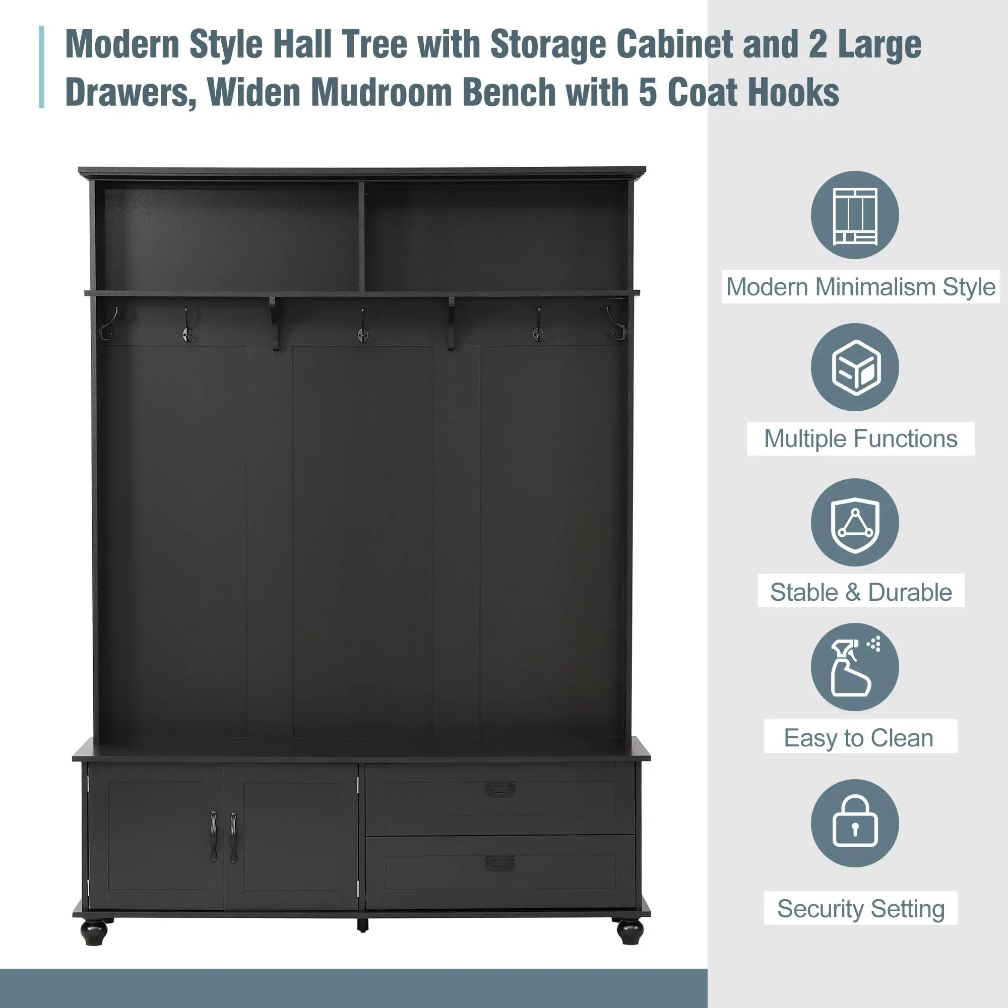 Modern Style Hall Tree with Storage Cabinet 2 Large Drawers Widen Mudroom Bench with 5 Coat Hooks for Entryway Living Room Black