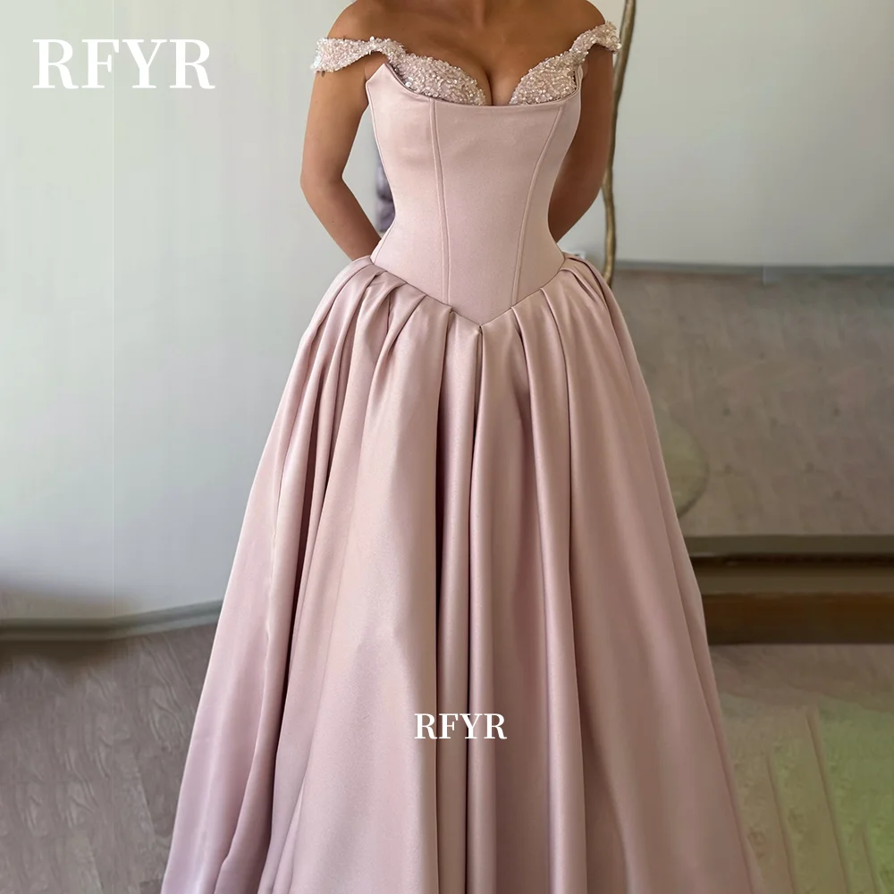 

RFYR Off Shoulder Prom Dress with Pleats Sequined Evening Dress A Line Party Princess Dress for Arabic Women Customized