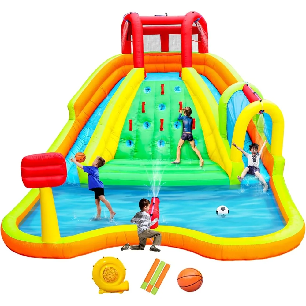 Inflatable Water Double Slides Park, Bounce House with Arched Water Gun Spray, Jumping Castle with Air Blower