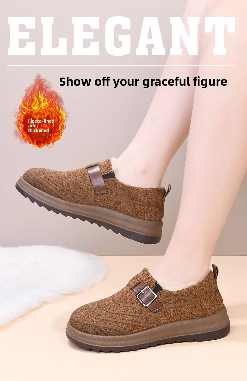 Damen-Winter-Loafer mit Fleecefutter, warme Slipper aus Strickstoff, rutschfeste Freizeitschuhe mit Schnallenriemen und dicker Plattformsohle – Detail 1